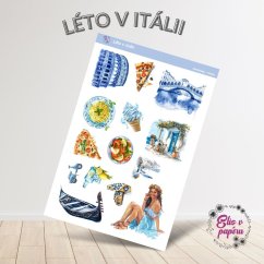Samolepky Léto v Itálii se svěžími a zářivými barvami, zobrazující italské delikatesy, architekturu a slunečné pláže.