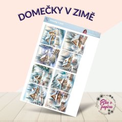 Aršík samolepek "Domečky v zimě" s motivy pohádkových zasněžených domečků a zimní krajiny, ideální pro diářové a kreativní tvoření.