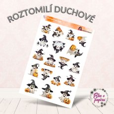 Samolepky zobrazují roztomilé duchy v halloweenském stylu – malí duchové s klobouky, dýně a další strašidelně roztomilé prvky. Barvy jsou výrazné a veselé, s přátelskou a hravou atmosférou, která je ideální pro halloweenské tvoření