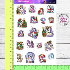 Aršík samolepek "Vánoční jednorožci" s motivy roztomilých jednorožců, vánočních stromků, dárků a pohádkové zimní atmosféry. Aršík samolepek "Vánoční jednorožci" s motivy roztomilých jednorožců, vánočních stromků, dárků a pohádkové zimní atmosféry.