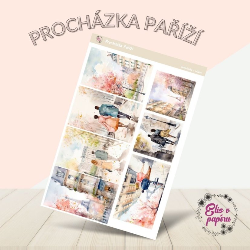 Samolepky do diářů včetně Happy plannerů od Elis v papíru s motivem procházky po jarní Paříži.