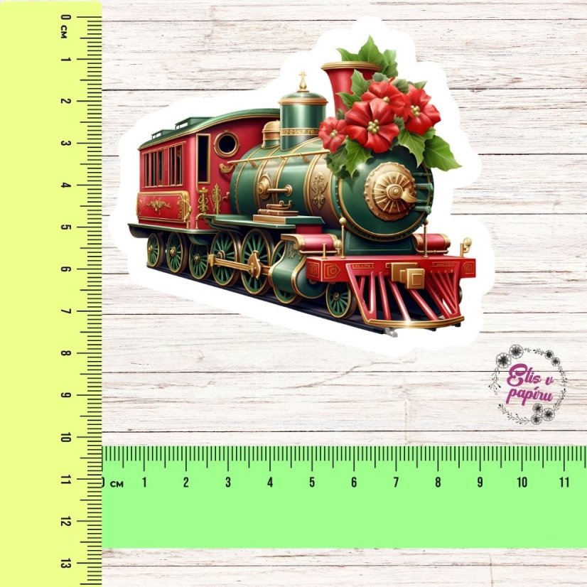 Samolepka Vánoční Express – lokomotiva ve vánočním stylu, ideální pro diář, scrapbook nebo dekoraci.