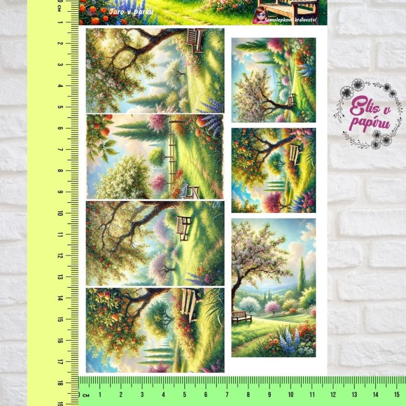 🌸 Arch samolepek s kouzelnou jarní krajinou – rozkvetlé stromy, lavičky v parku a svěží zelené trávníky!