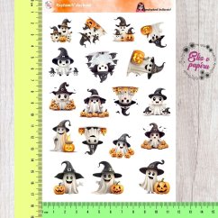 Samolepky zobrazují roztomilé duchy v halloweenském stylu – malí duchové s klobouky, dýně a další strašidelně roztomilé prvky. Barvy jsou výrazné a veselé, s přátelskou a hravou atmosférou, která je ideální pro halloweenské tvoření Samolepky zobrazují roztomilé duchy v halloweenském stylu – malí duchové s klobouky, dýně a další strašidelně roztomilé prvky. Barvy jsou výrazné a veselé, s přátelskou a hravou atmosférou, která je ideální pro halloweenské tvoření