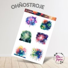 Aršík samolepek "Ohňostroje" s motivy barevných explozí světel na noční obloze, ideální pro oslavy, přelom roku a slavnostní plánování.