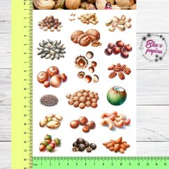 Samolepky zobrazují různé druhy oříšků, včetně vlašských, lískových, mandlí a pistácií. Každý ořech je detailně vyobrazen s krásnými přírodními texturami a teplými podzimními barvami, které vyzařují pocit zdraví a přírodní hojnosti.