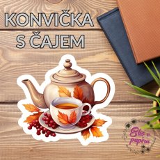 Podzimní čajová konvička a šálek čaje obklopený listím a bobulemi dodají každému plánování hřejivou atmosféru. Samolepka plná podzimních barev je ideální pro deníky, diáře nebo scrapbooky.