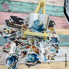 Velké kusové samolepky s motivy knížek, kouzelnických knih i knížek s kávou.