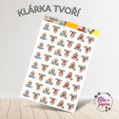 Aršík samolepek "Klárka tvoří" s motivy malování, stříhání a kreativních činností, ideální pro diář a scrapbook. Aršík samolepek "Klárka tvoří" s motivy malování, stříhání a kreativních činností, ideální pro diář a scrapbook.