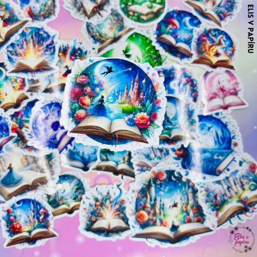 Velké kusové samolepky do diáře i na scrapbook s motivy knížek. magických knih a pohádek.