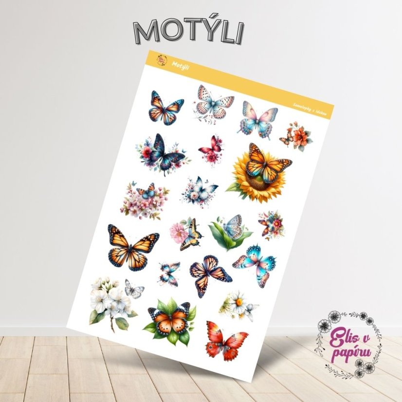 Samolepky Motýli s jasnými a živými barvami, zobrazující motýly, květiny a rozkvetlé zahrady.
