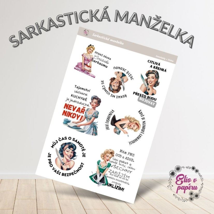 Sarkastická manželka, vtipné samolepky, samolepky do diáře, bujo, plánování, journaling, deník, scrapbook, české samolepky, diářové samolepky, humor a zábava.