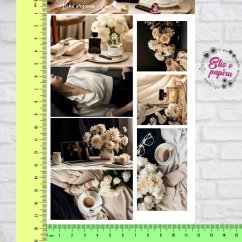 Samolepky zobrazují jemné květinové motivy, elegantní aranžmá šálků kávy a jemně pastelové odstíny. Každý obrázek vyzařuje pocit klidu, lehkosti a elegance. Barvy jsou tlumené, ale přinášejí dojem luxusu a sofistikovanosti, což z těchto samolepek dělá ideální doplněk pro minimalistický, ale stylový diář.