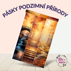 Samolepky ve formě pásků s motivy podzimní přírody – barevné listí, vodopády a tiché lesní cesty, zachycující klid a kouzlo podzimu. Ideální pro ozdobu diáře nebo deníku.