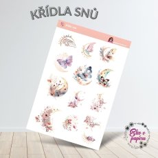 Aršík samolepek "Křídla snů" s motivy jemných motýlů, květin a půlměsíců v pastelových barvách, ideální pro diář a kreativní tvoření.