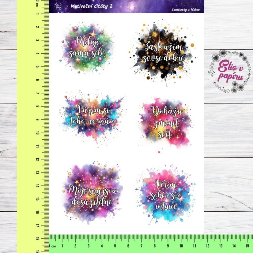 Motivační samolepky s inspirativními citáty a barevnými motivy pro diář, bujo a scrapbook. Dodají tvému plánování pozitivní energii a sebevědomí.