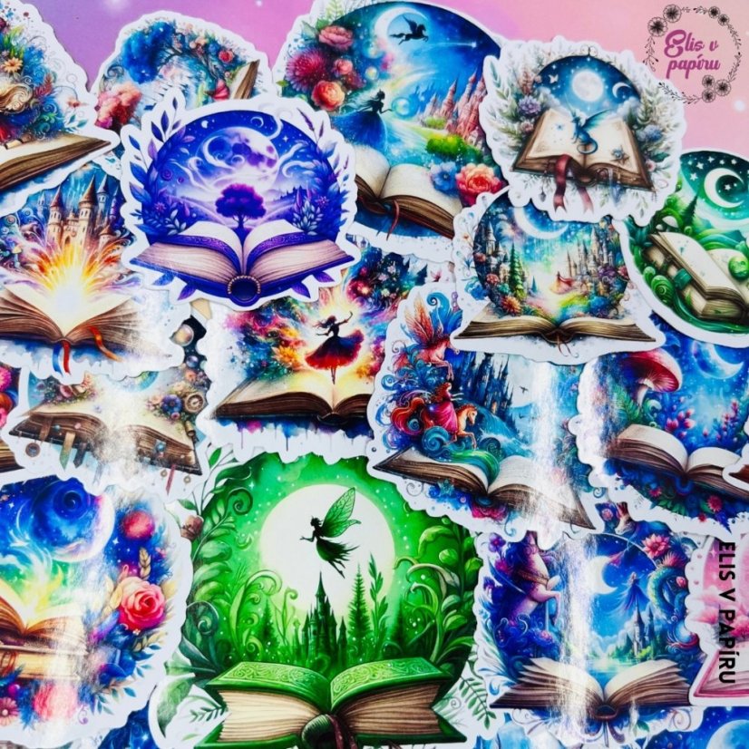 Velké kusové samolepky do diáře i na scrapbook s motivy knížek. magických knih a pohádek.