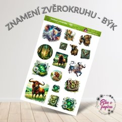 Arch samolepek s astrologickým motivem Býka – býci, smaragdy, květiny a přírodní symboly. Arch samolepek s astrologickým motivem Býka – býci, smaragdy, květiny a přírodní symboly.