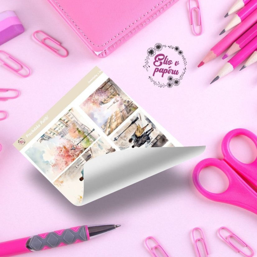 Samolepky do diářů včetně Happy plannerů od Elis v papíru s motivem procházky po jarní Paříži.