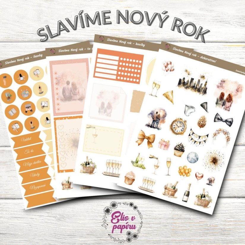 Diářové samolepky od Elis v papíru s motivem oslav Nového roku - samolepkový kit