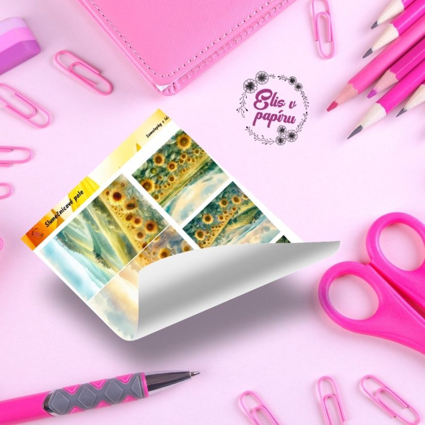 Velké kusové samolepky Slunečnicové pole, žlutá a zelená, přírodní motiv, diářové samolepky, plánování, bujo, samolepky na scrapbook.