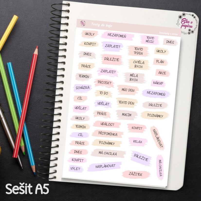 Praktické textové samolepky do bujo v jemných pastelových barvách. Skvělé pro přehledné a stylové plánování, které ti usnadní organizaci a dodají tvému bujo eleganci.