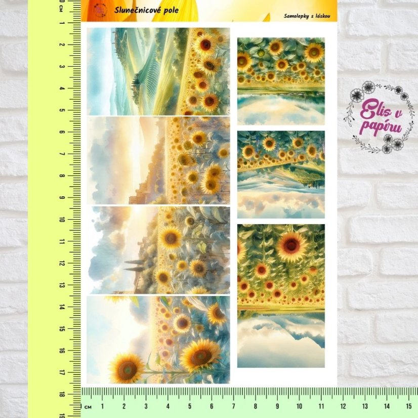Velké kusové samolepky Slunečnicové pole, žlutá a zelená, přírodní motiv, diářové samolepky, plánování, bujo, samolepky na scrapbook.