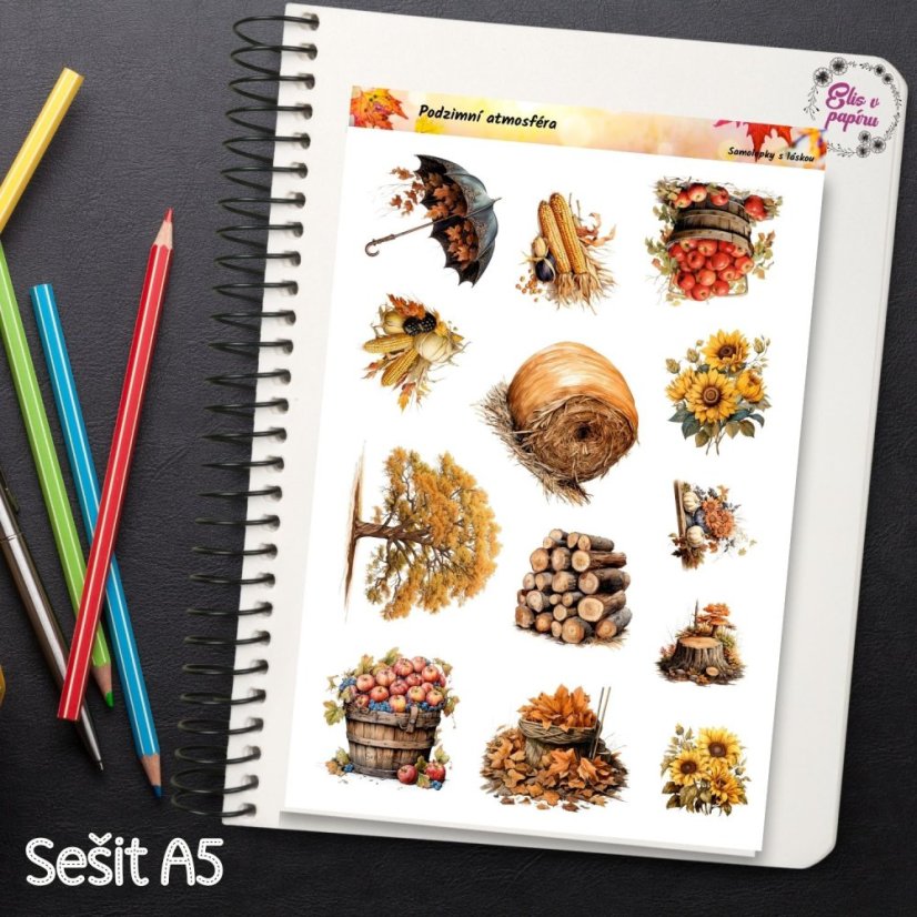 Samolepky s podzimními motivy plnými teplých tónů a sklizňové atmosféry. Ozdobí tvůj diář, bujo nebo scrapbook a přinesou ti kouzlo podzimu do každodenního plánování.