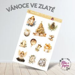 Aršík samolepek "Vánoce ve zlaté" s motivy vánočních stromků, svíček, dárků a ozdob ve zlaté a krémové barevné paletě.
