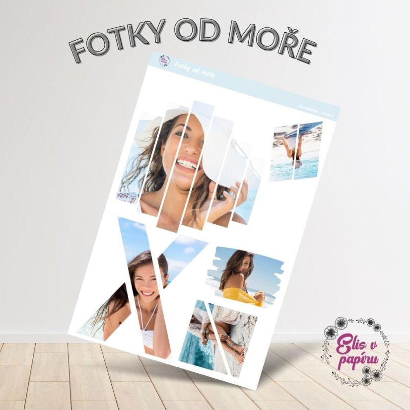 Samolepky Fotky od moře se světlými a živými barvami, zobrazující letní plážové fotky, slunce, moře, radostné chvíle a plážové doplňky.