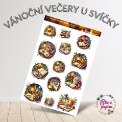 Aršík samolepek "Vánoční večery u svíčky" s motivy svíček, knih, šálků čaje a vánočních dekorací v teplých svátečních barvách.