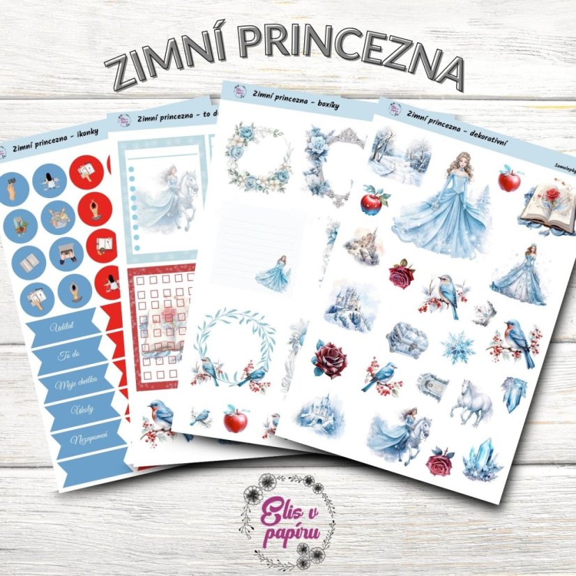 Zimní pohádkové samolepky do diáře od Elis v papíru s motivy zimní princezny - samolepkový kit