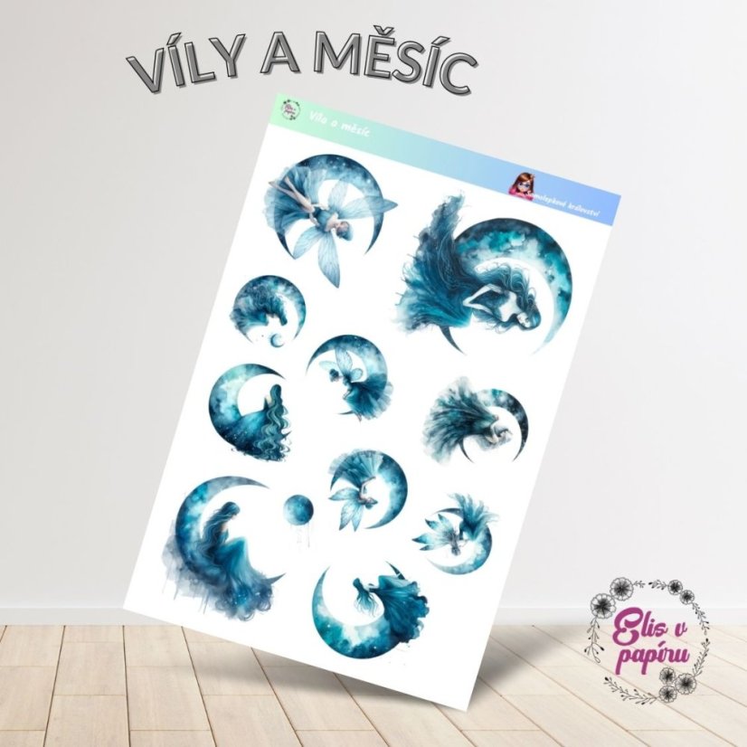Samolepky s motivem víl a měsíce v různých pozicích a stylech, laděné do temně modrých a bílých tónů. Vhodné pro kreativní plánování, deníky nebo bullet journal.