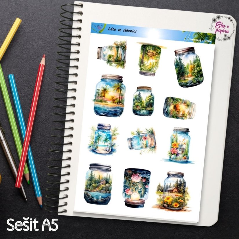 Léto ve sklenici, samolepky do diáře, bujo, plánování, journaling, scrapbooking, deník, diářové samolepky, přírodní, české samolepky.