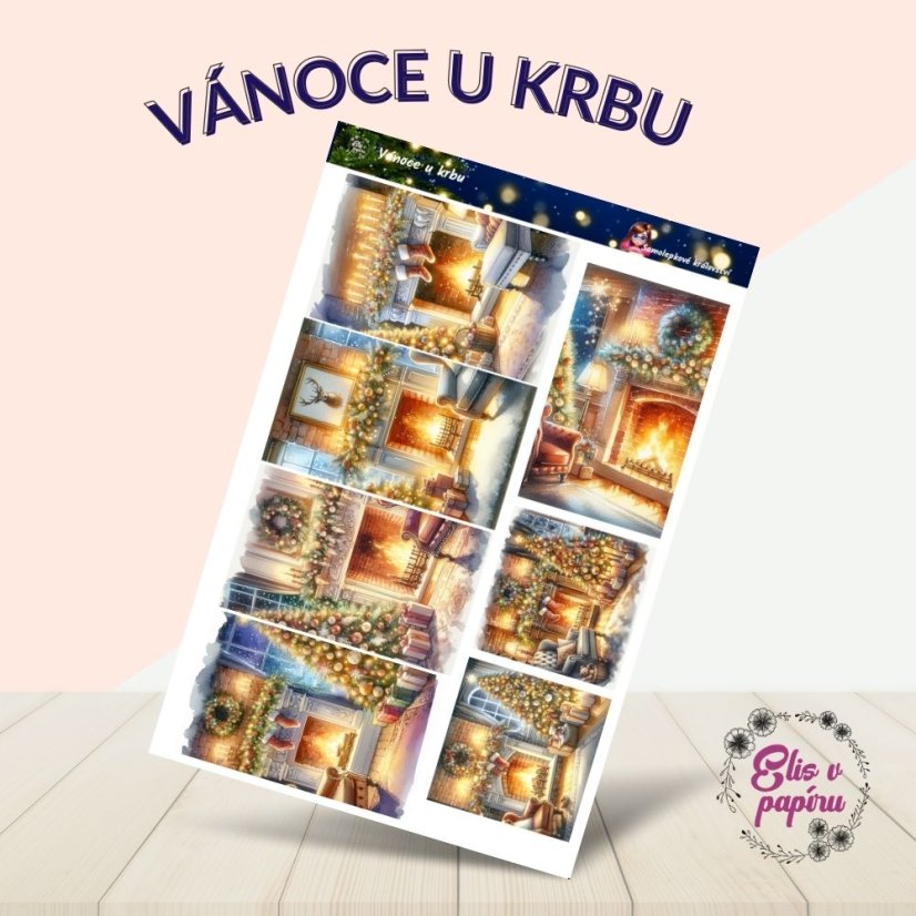 Aršík samolepek zobrazující vánočně zdobené pokoje s plápolajícím krbem, světýlky a svátečními dekoracemi.