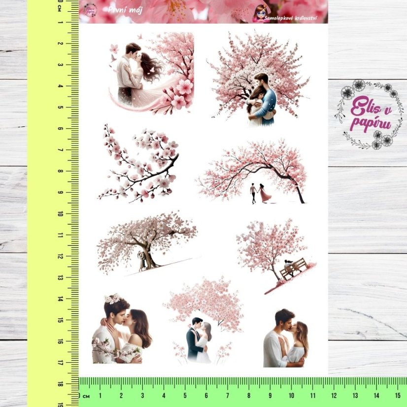 🌸 Arch samolepek s motivem prvního máje – romantické páry a rozkvetlé stromy.