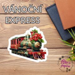 Samolepka Vánoční Express – lokomotiva ve vánočním stylu, ideální pro diář, scrapbook nebo dekoraci.