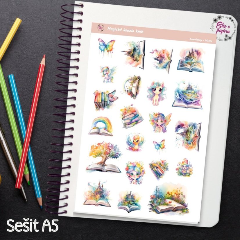 Kouzelné samolepky plné knih, fantazie a pohádkových postav. Ideální pro diář, bujo nebo scrapbook. Přidej do svého plánování kousek kouzla.
