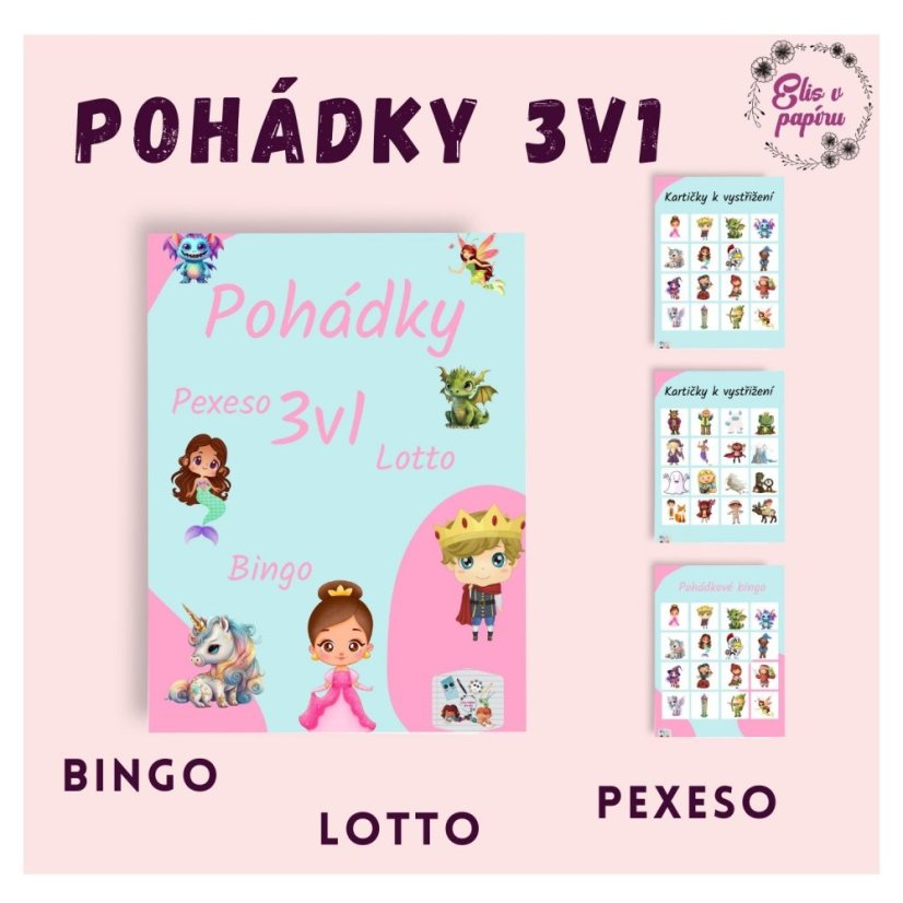Karetní pohádkové hry pro děti - bingo, lotto, pexeso