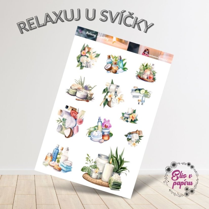 Samolepky zobrazují jemné wellness prvky jako svíčky, květiny, esenciální oleje a relaxační potřeby. Barvy jsou světlé a uklidňující, s důrazem na pohodu a klid. Každý motiv vyzařuje klidnou atmosféru, která ti pomůže vytvořit si wellness koutek přímo ve svém diáři.