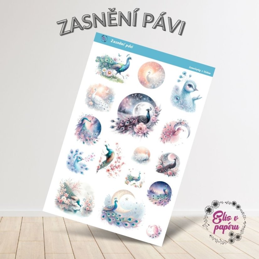 Samolepky Elis v papíru Zasnění pávi s jemnými pastelovými odstíny, zobrazující pávy, květiny a snové scenérie.