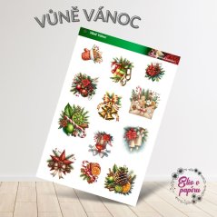 Aršík samolepek "Vůně Vánoc" s vánočními motivy – baňky, dárky, koření, stuhy a svíčky v teplých svátečních barvách na bílém pozadí.