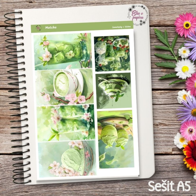 Arch samolepek "Matcha", pastelové barvy, zelený motiv, diářové samolepky, plánování, bujo, samolepky na scrapbook.