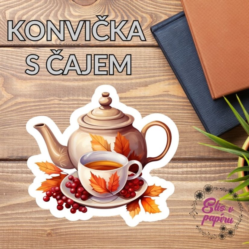 Podzimní čajová konvička a šálek čaje obklopený listím a bobulemi dodají každému plánování hřejivou atmosféru. Samolepka plná podzimních barev je ideální pro deníky, diáře nebo scrapbooky.