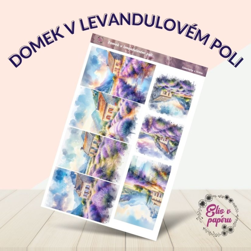 Samolepka "Domek v levandulovém poli", pastelové barvy, provensálský motiv, diářové samolepky, plánování, bujo, samolepky na scrapbook.
