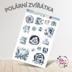 Aršík samolepek "Polární zvířátka" s motivy ledních medvědů, vlků, sov, lišek a dalších obyvatel zasněžené přírody v jemných zimních barvách.