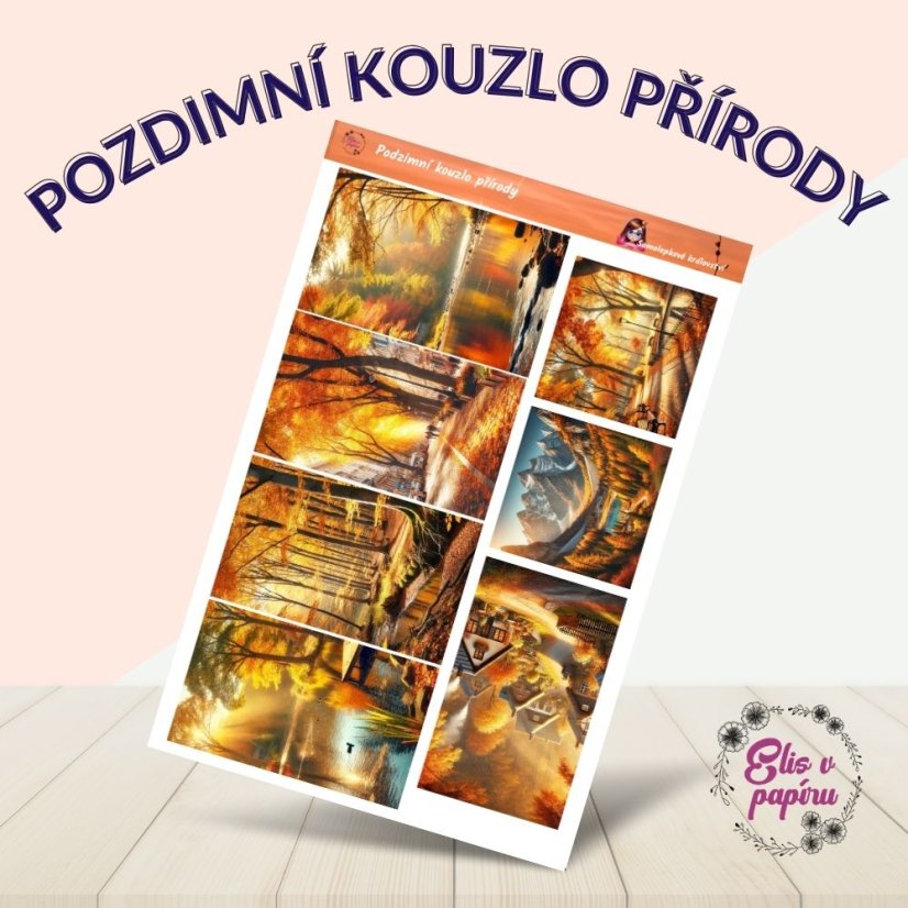 Samolepky zobrazují nádherné podzimní krajiny – zlatavé stromy, lesní cesty plné padajícího listí, klidná jezera odrážející teplé světlo podzimu. Barvy jsou syté a hřejivé, dokonale zachycující podzimní atmosféru, která evokuje klid, krásu a harmonii přírody.