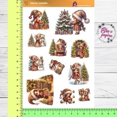 Aršík samolepek "Vánoční pohádka" s motivy roztomilých postav, vánočních stromků, světýlek a adventní atmosféry v teplých přírodních barvách.
