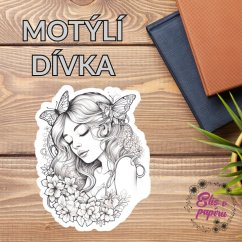 Maxi kusová samolepky na matném papíře s motivem jarní dívky s motýli ve formě omalovánky pro diáře a deníky velikosti minimálně A5.