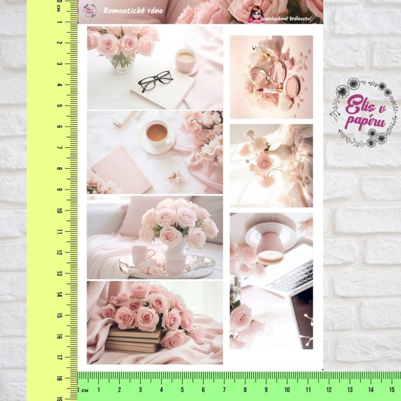 Samolepky zobrazují různé něžné momenty rána: růžové květiny, šálky kávy, knížky a elegantní aranžmá. Tóny jsou jemné a pastelové, což vytváří pocit klidu, romantiky a elegance. Motivy vyzařují atmosféru rána stráveného v harmonii, kdy si člověk užívá maličkosti života.